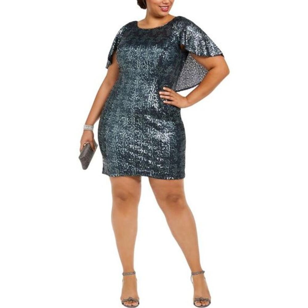 Alex Evenings Green Sequined Cape Sleeve Sheath Dress